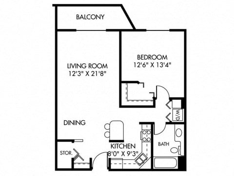 Floor plan for 1 bed, 1 bath, 746 sqft